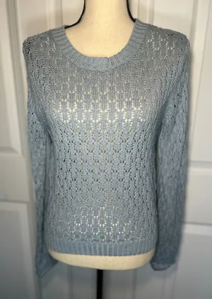 Reformation‎ Light Blue Linen Open Knit Crewneck Sweater Top Size XS thumbnail 1