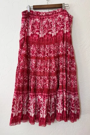 intage Gadzooks Floral Tiered Peasant Maxi Skirt Red Pink Lace Flaw Size Small thumbnail 1