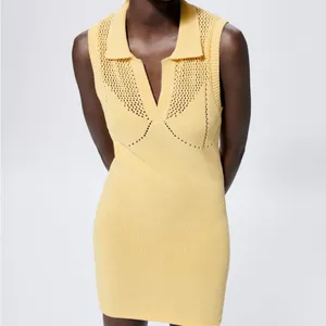 Zara Yellow Perforated Collared‎ Sleeveless V-Neck Knit Mini Dress Medium thumbnail 3