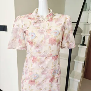 Floral Cheongsam Midi Dress Pearl Stand Collar Puff thumbnail 2