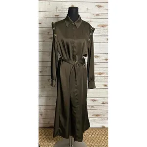 Zara olive green satin grommet detail belted Ring Trim maxi shirtdress Size M thumbnail 7