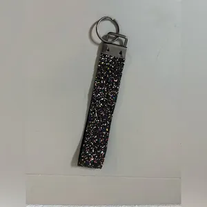 Handmade Black Rainbow Confetti Glitter Canvas Faux Leather Wristlet Keychain thumbnail 2