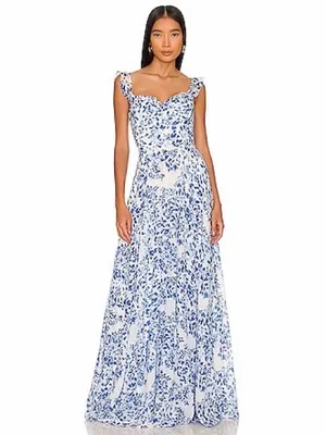 NWT Sau‎ Lee Womens Evangeline Blue Chiffon Printed Evening Dress Gown Size 10 thumbnail 2