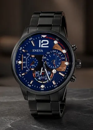 Geneva Men’s Black Luxury Wrist Watch Round Dial 3 Time Zone Quartz NWT thumbnail 1