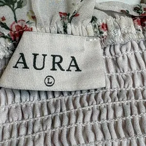 Aura‎ Floral Smocked Mini Dress Large Cream Red Square Neck Boho Cottagecore thumbnail 7