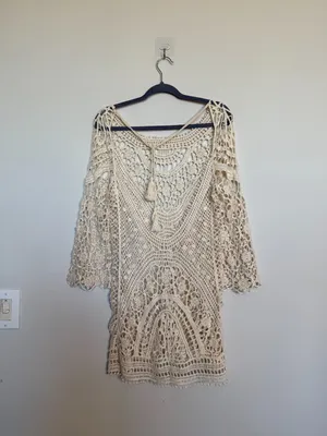 Crochet Knit Cream Bohemian Style Tunic Mini Dress thumbnail 3