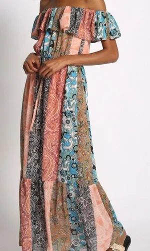 NWOT Sans Souci Off Shoulder Patch Print Maxi Dress Elastic Tie Waist M Tan Blue thumbnail 1