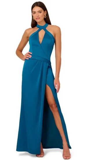 Anthropologie NWT LIV FOSTER CUTOUT HALTER GOWN WITH FAUX WRAP DETAILS IN PEACOCK. Size 6 thumbnail 1