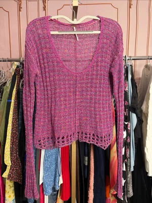 Free People Pink Multicolor Marled Knit V Neck Sweater Open Knit Boho Pullover thumbnail 2
