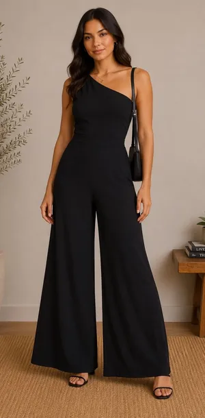 Un Deux Trois Womens Black One Shoulder Wide Leg Jumpsuit K5125 Size‎ S thumbnail 1