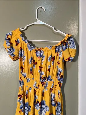 Womens Off Shoulder Mini Dress Yellow Burgundy Blue Floral Smocked Elastic Waist thumbnail 7