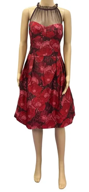 Maggy London Red Jacquard Cocktail Wedding Guest Illusion Yoke Dress Womens 16 thumbnail 1