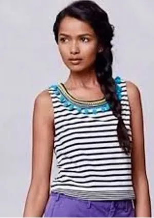 Anthropologie One September EUC Women's Striped Pom Pom Tank Size M thumbnail 1