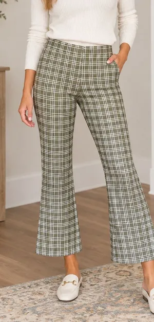 Altar'd State Green White Plaid Cropped Flare Pants Small Retro Boho thumbnail 1