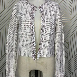 Theory Galinne Speckle Boucle Knit Fringe Sweater Jacket Cream Red Size Small‎ thumbnail 6