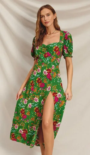Dress Forum Green Floral Puff Sleeve Midi Dress Sweetheart Slit Size Medium thumbnail 1