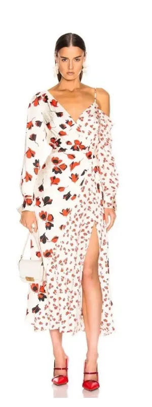o.p.t Floral One Shoulder Wrap Midi Maxi Dress Red White Romantic Wedding Guest thumbnail 1