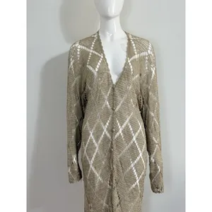 Womens Crochet Knit Cardigan Long Duster Metallic Beige Fringe Boho Cover Up L thumbnail 2
