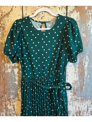 Lark + Grey Green White Polka Dot Pleated Dress size Medium thumbnail 2