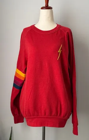 Aviator Nation Red Crew Neck Sweater with Rainbow 5 Stripes with Pockets thumbnail 1