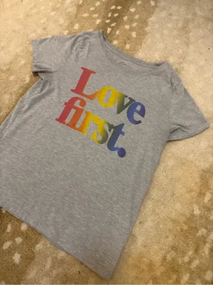 J.Crew love first grey rainbow font pride T-shirt women’s size medium thumbnail 2