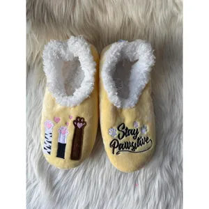 Yellow Plush Women's Slippers with 'Stay Pawssitive' Embroidery thumbnail 2