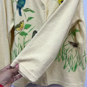 Vintage AU Women's yellow terry cloth cardigan Sweater Bird Art Applique Print thumbnail 5