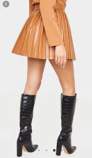 Camel Faux Leather Pleated Skater Skirt thumbnail 2