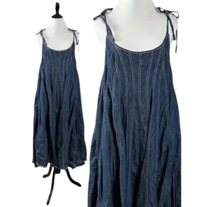 Free People Denim Dreams Midi Maxi Dress in 70s Blue Large Jean Jumper Retro thumbnail 7