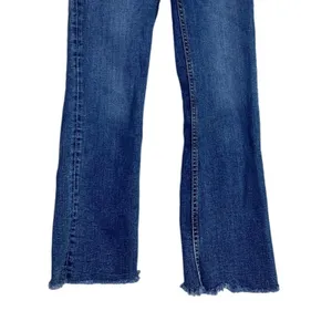ZARA Flared High Rise Straight Leg Raw Hem Broken In Jean Zip 2 Dark Blue Wash thumbnail 4