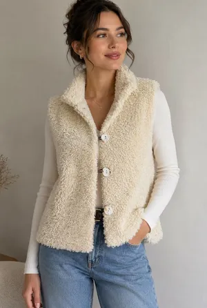 Habitat Cream Sherpa Teddy Fleece Button Front Vest Made in USA Size M/L thumbnail 1