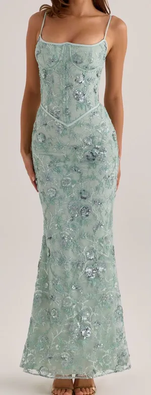 NEW House of Cb Naima Hand Beaded Corset Jade Green Gown Sz S thumbnail 1