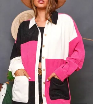 Fantastic Fawn Oversized‎ Colorblock Corduroy Tunic Top Shacket Size Large Pink thumbnail 1