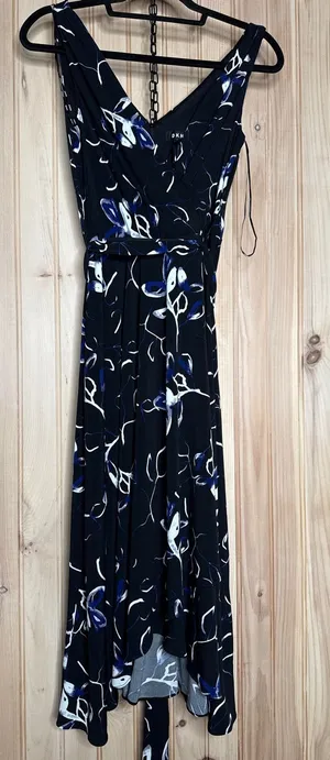 NWT DKNY Midi Wrap Dress Black Blue Floral V-Neck Resort Party Womens Size 2 thumbnail 1