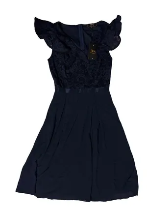 Lace Bodice Flutter Sleeve Midi Dress in Navy Blue thumbnail 1