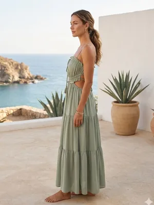 Boho Resortwear Sage Green Tiered Maxi Dress Cutout Waist Tassel Detail M thumbnail 2