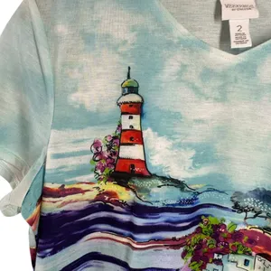Chico’s Weekends Scenic Lighthouse Art T-Shirt Top Multicolor Tee Size 2/Large thumbnail 3