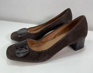 Talbots Women's 8 B Brown Croc Embossed Leather Kitten Block Heel Shoes Academia thumbnail 1