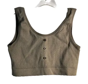 Lucky Brand Ribbed Knit Crop Tank Top Women's Taupe‎ Gray Color Button Front thumbnail 1