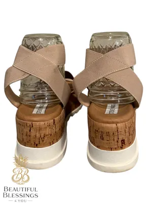 Steve Madden platform Sandals Women 8.5 Beige Elastic Strap Cork Wedge Comfort thumbnail 3