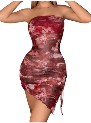 Strapless Red Floral Bodycon Dress thumbnail 1
