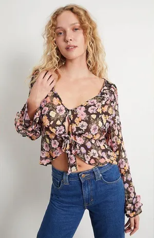 FREE‎ PEOPLE Maybel Sheer Floral Tie Front Peplum Top Crop Black Pink Small New thumbnail 1