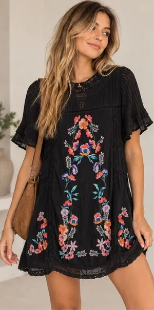 Free People Perfectly Victorian Embroidered Mini Dress Black Floral Size Small thumbnail 1