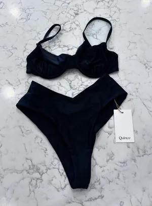 NEW Quince Black Italian Demi Bikini To o& V Cut High Leg Bottom Set Size XS thumbnail 1