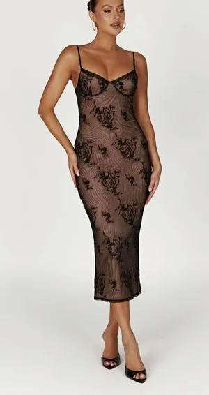 Meshki Embroidered Mesh Midi Dress - Black thumbnail 6