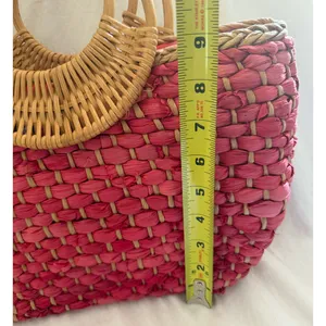 Free People Sophia Straw Tote Red Woven Bamboo Ring Handles Boho Purse Bag EUC thumbnail 6