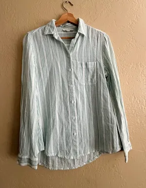 beachlunchlounge Light Green and White Striped Button-Down Shirt thumbnail 1