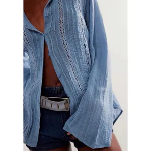 Free People FP One Mila Shirt Blue Ethereal Dainty Romantic Lace Gauze Small thumbnail 10