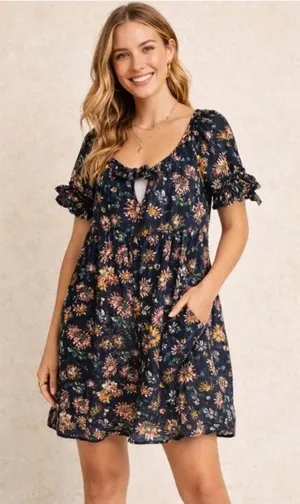 Natural Life Sienna Black Floral Mini Dress Cotton Womens Size Medium NWT thumbnail 1