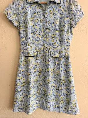 Light Blue Floral Midi Dress with Yellow and Navy Details thumbnail 2